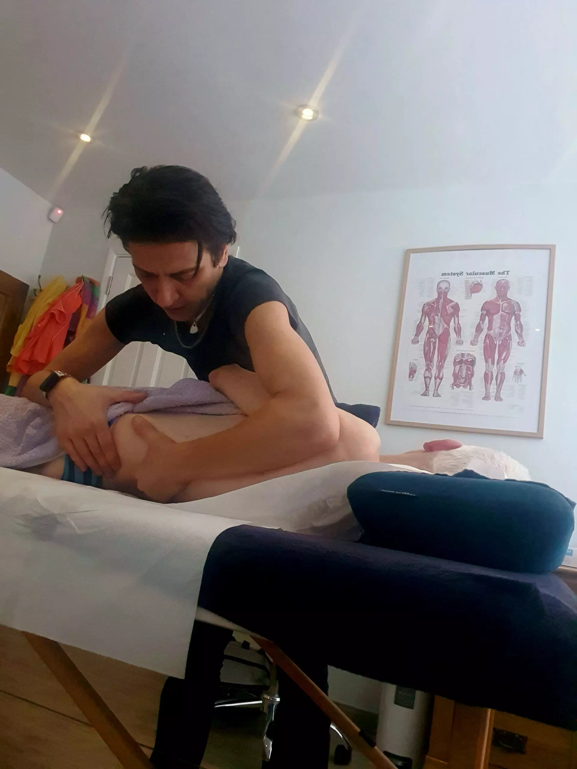 Lorena is working to relieve lower back and hip pain using a technique where the client is laying on their back and traction is applied on the upper gluts and lower back muscles